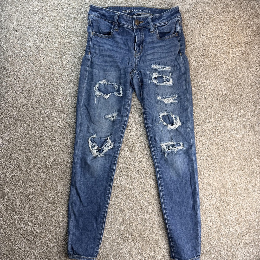 American Eagle Jegging Jeans Womens 4 Med Wash Blue Distressed Stretch Denim